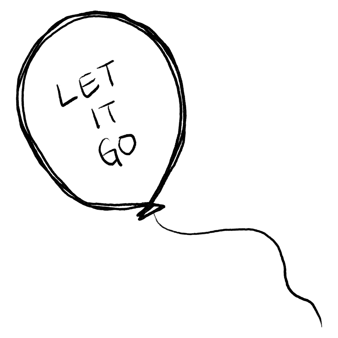 Black outline of a balloon that says 'let it go' in the middle.