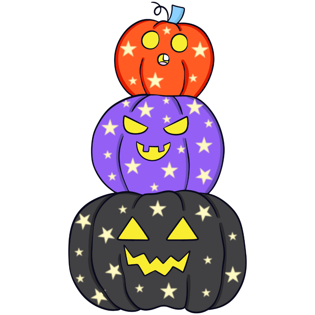Cartoon image of a stack of 3 pumpkins. The bottom one is black with a yellow face and light yellow stars. The middle one is purple with a yellow face and light yellow stars. The top one is orange with a yellow face and light yellow stars with a light blue stalk.