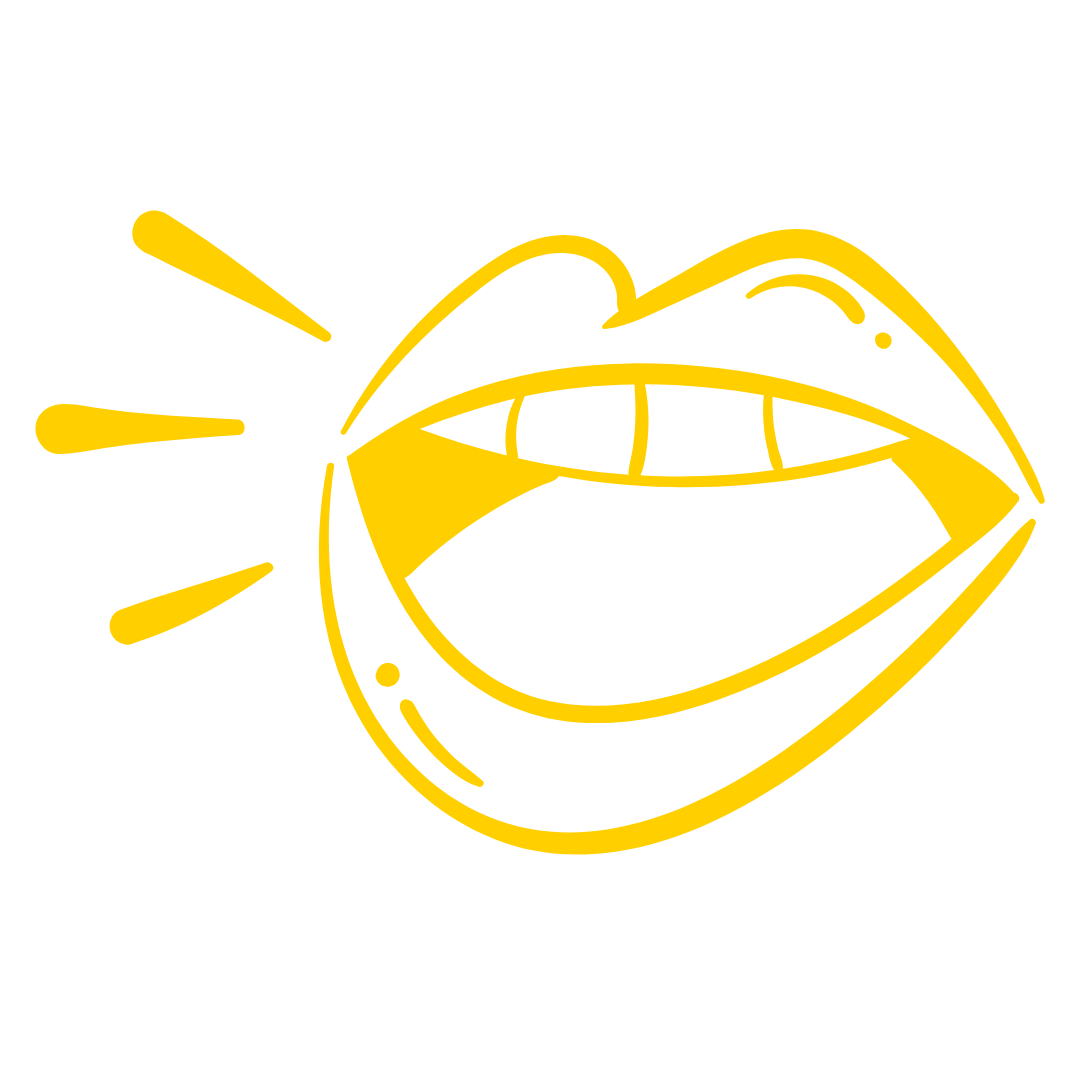 Yellow outline of a mouth open with 3 lines coming out of it.