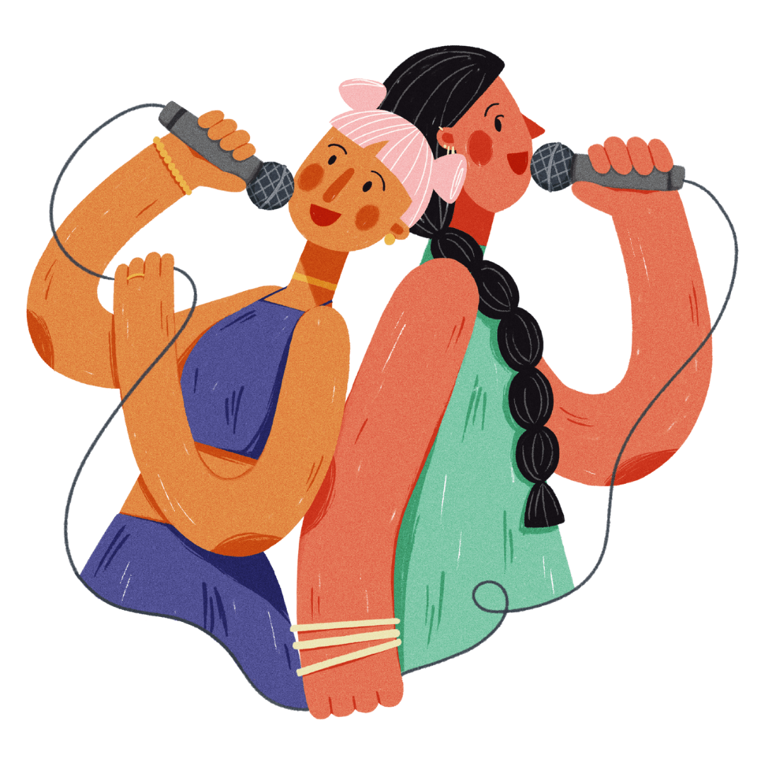Cartoon image of two people standing back to back holding microphones singing.