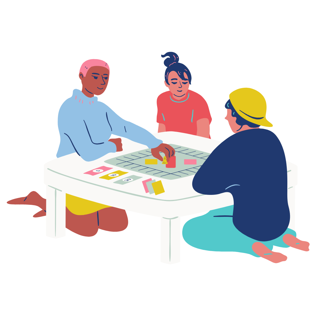 Cartoon image of three people sat around a short table playing a boardgame with a board and cards.