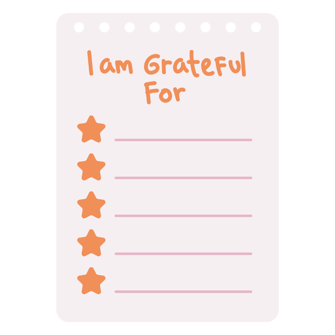 Cartoon image of a piece of paper that says 'I am grateful for' on the top with 5 lines with stars as bullet points underneath.