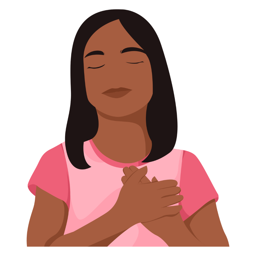 Cartoon image of a person holding her hands to their heart.