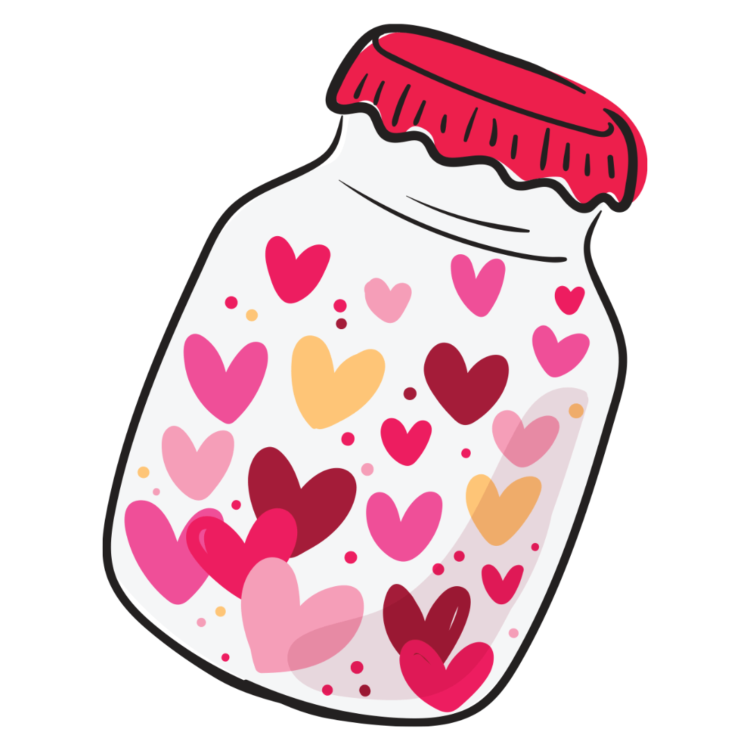 Cartoon image of a jar filled with hearts.