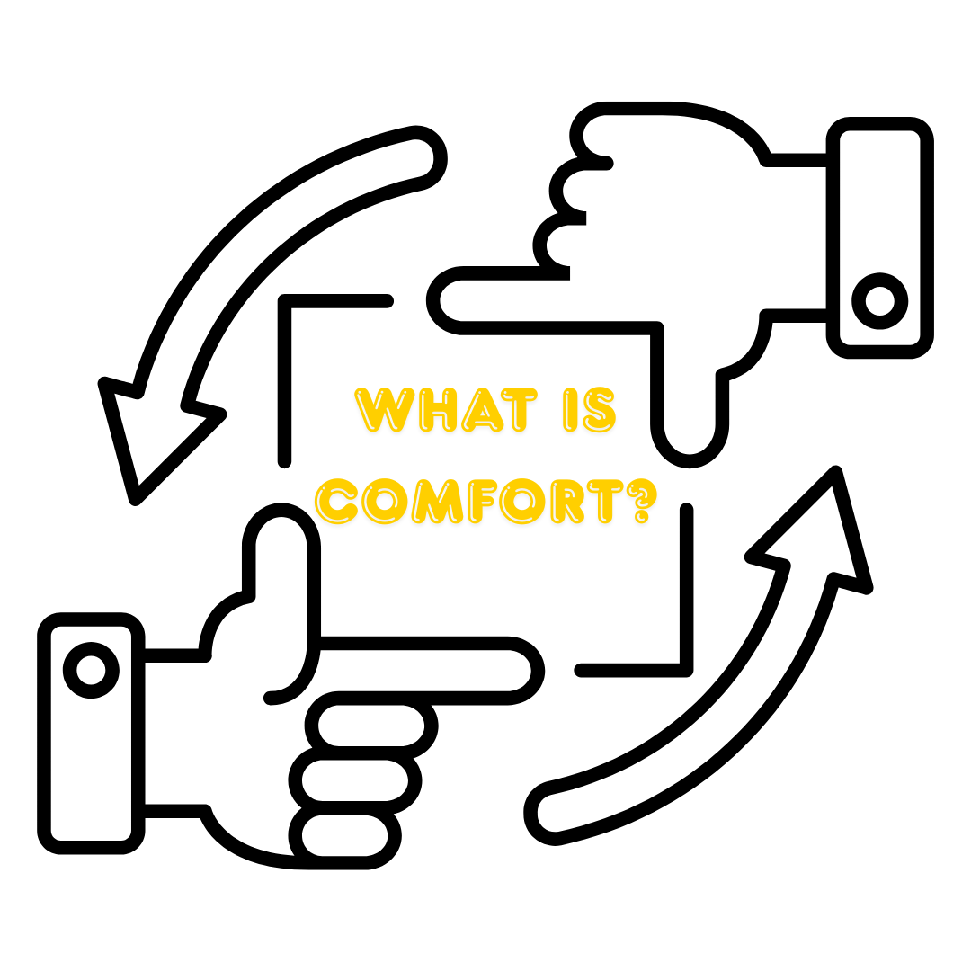 'What is comfort?' written in yellow in the middle surrounded by a black box. There are two hands with a finger pointing outwards and arrows around it