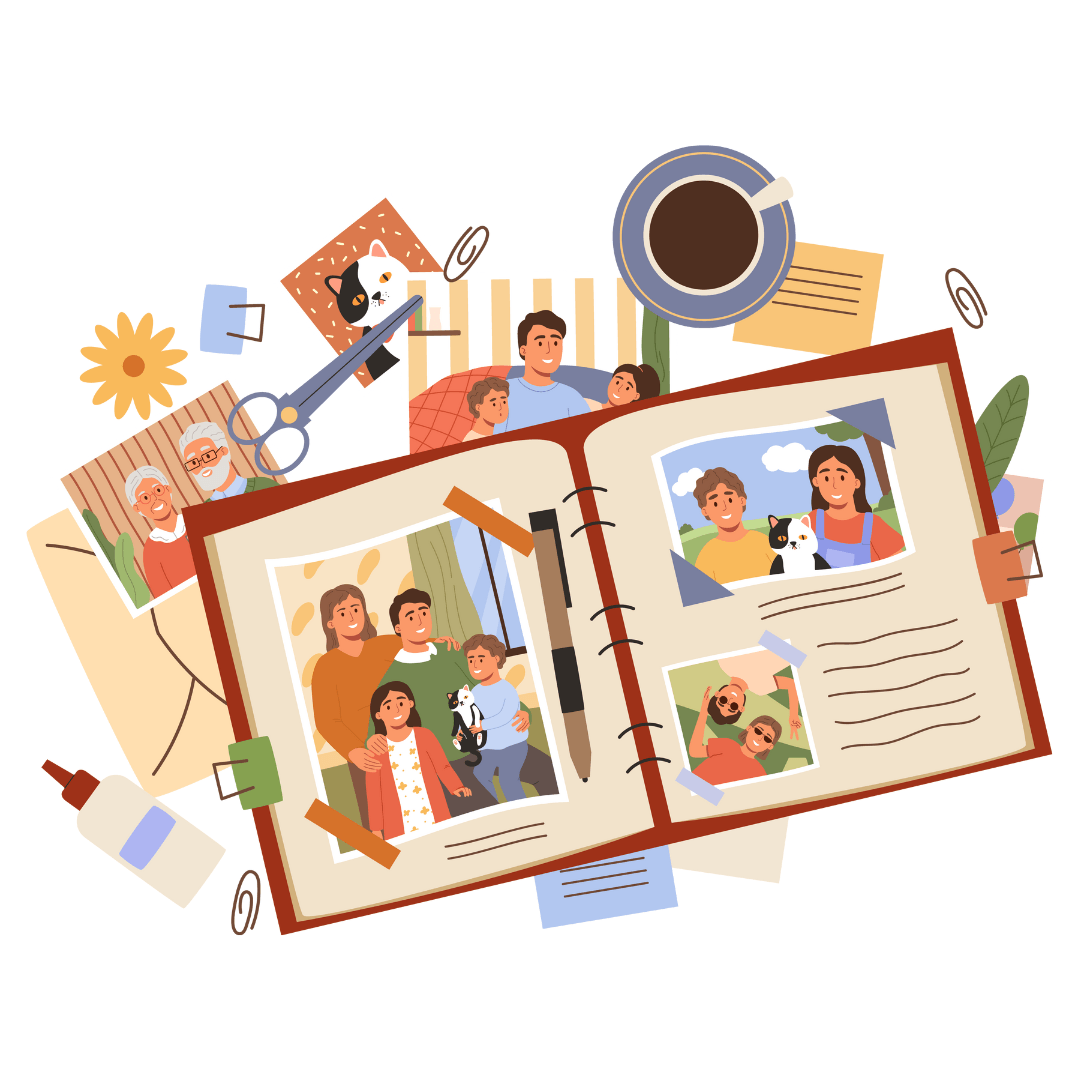 Cartoon image of a memory book with photos stuck in it. There is clue, scissors, photos, paper clip and scraps of paper around it.