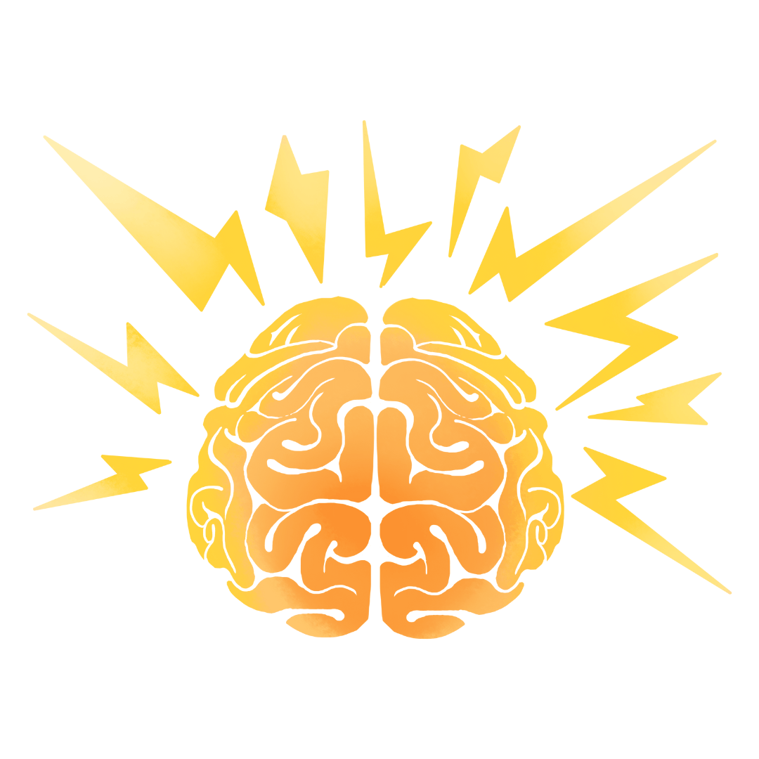 Cartoon image of a brain in yellow and orange with lightning bolts coming out of It.