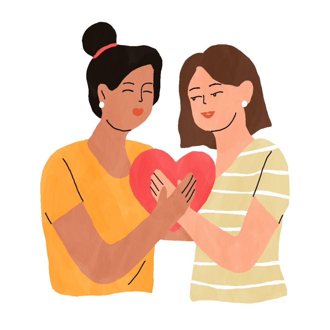 Cartoon image of two people with their arms around each other smiling. There is a heart in between them that they both have their hand on.