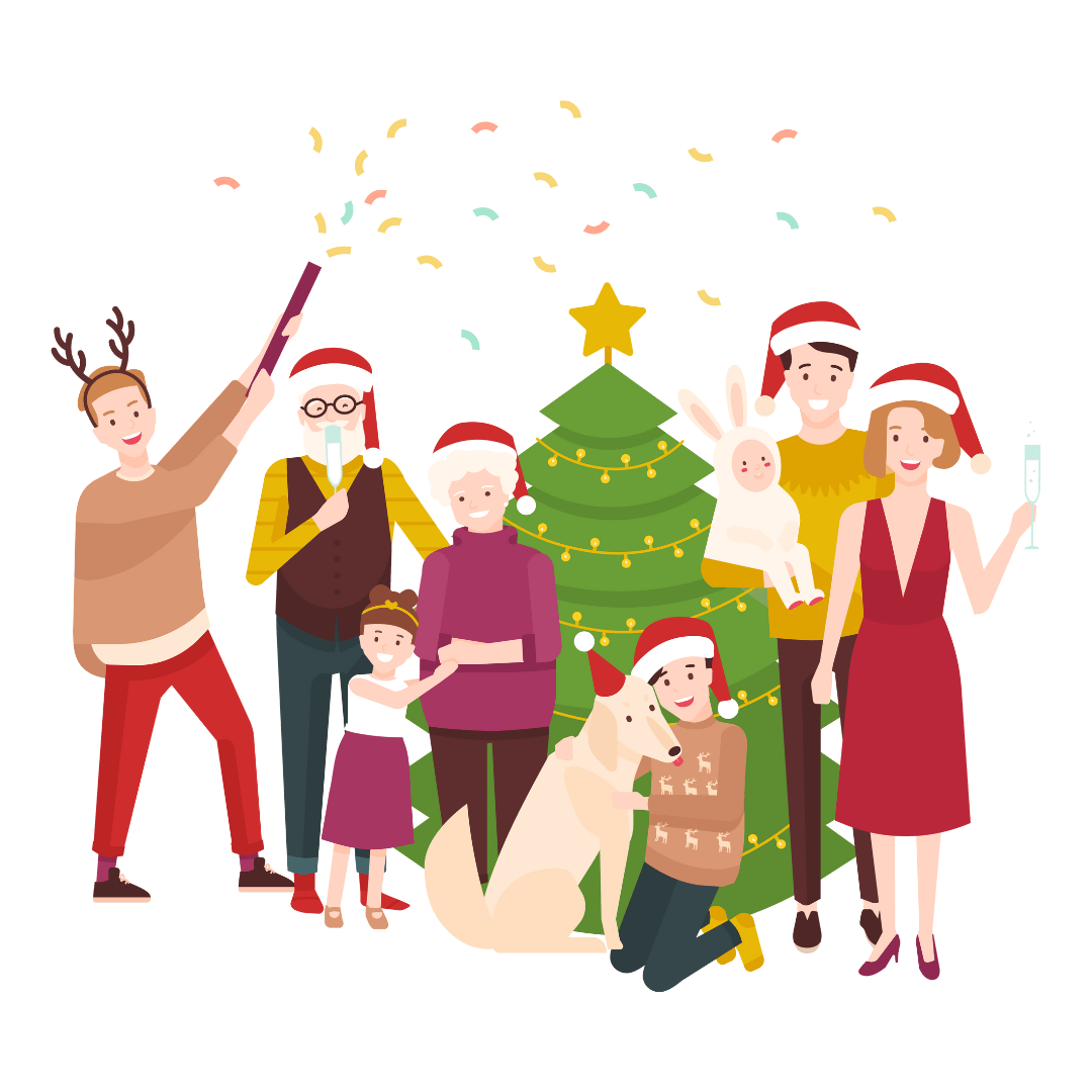 A cartoon image of a Christmas tree with lights and a start on the top. In front of it is a family (5 adults, 2 children, a baby and a dog). 4 of the adults are wearing Christmas hats, one is wearing reindeer antlers, the baby is dressed as a bunny and the dog has a Christmas hat. They are pulling a party popper.