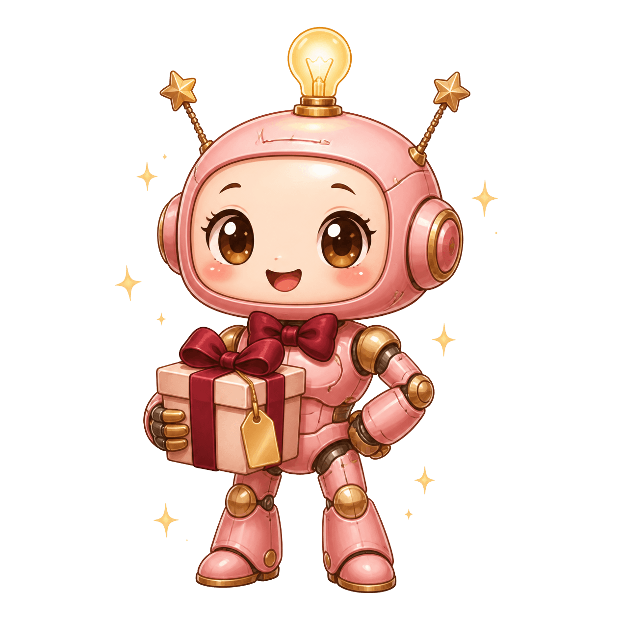 Mabel, the Offers hire, holding a wrapped gift