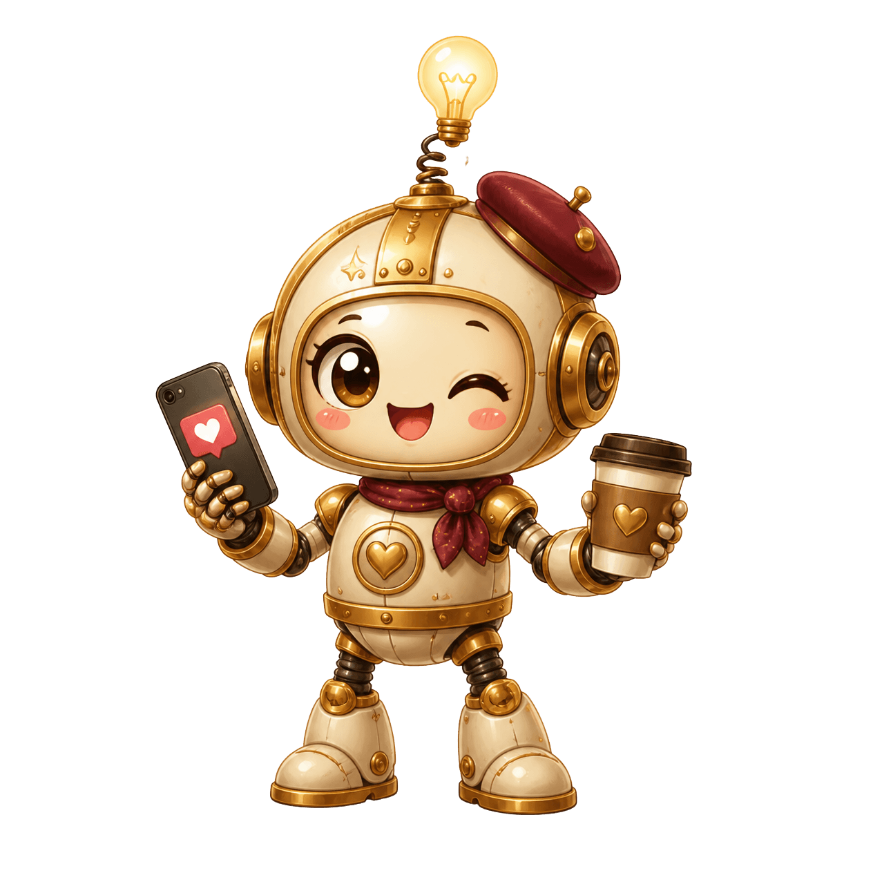 Beatrice, the Content hire, with a phone and a coffee