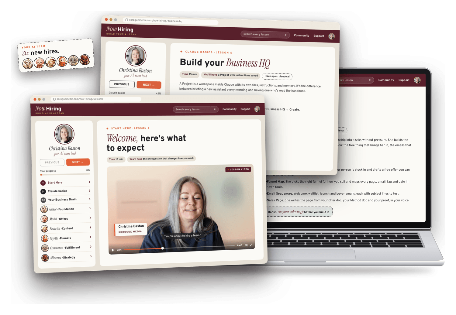 Now Hiring course shown on laptop and browser screens, with lessons for building a six-person AI team in Claude