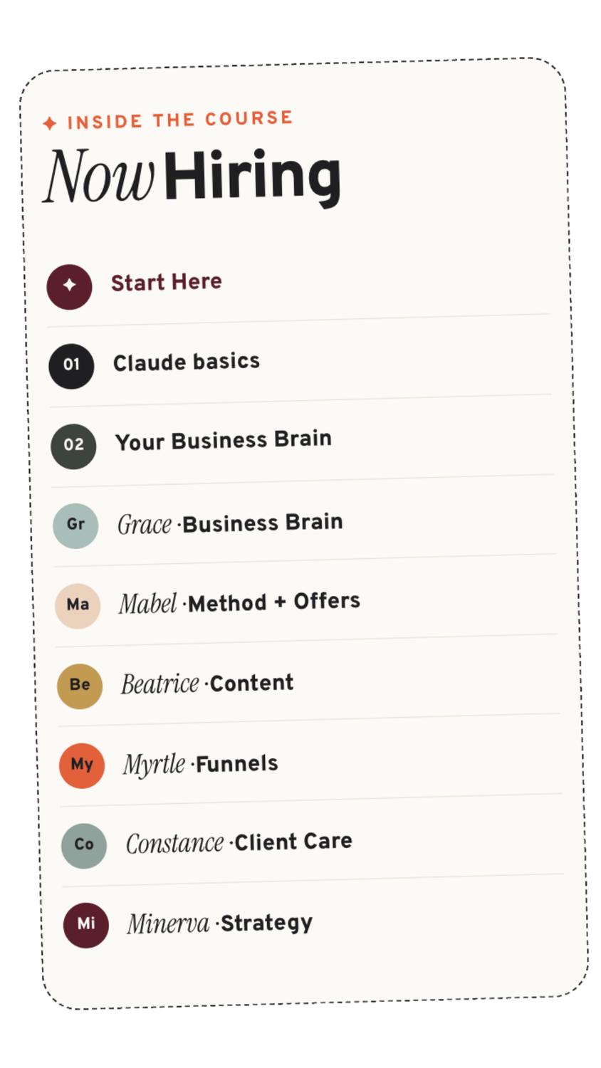 Now Hiring course lesson list for building your AI team inside Claude