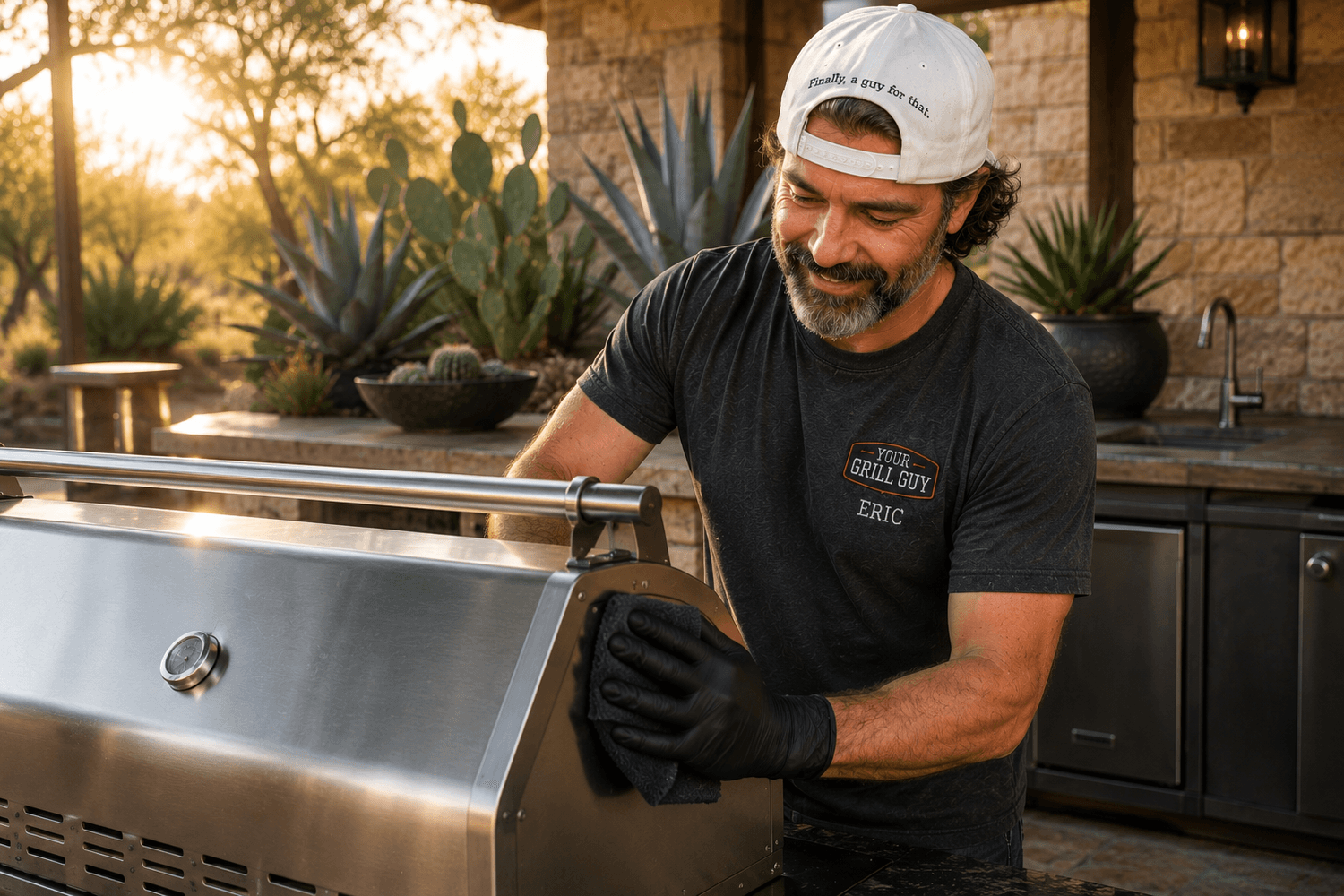 Your Grill Guy polishing outside of gas grill in outdoor kitchen