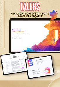 Visuel logiciel Talers, application d’écriture française, capture d’écran sur ordinateur avec deux écrans d’exemples sur tablettes en bas.