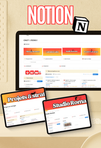Visuel logiciel Notion, captures d’écran d’un tableau de bord Notion sur ordinateur avec deux vues en bas (pages Projets et Studio Roman).