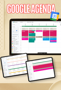 Visuel logiciel Google Agenda, capture d’écran d’un calendrier hebdomadaire sur ordinateur avec deux tablettes en bas (planning coloré).