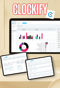 Visuel logiciel Clockify, capture d’écran d’un tableau de suivi du temps avec graphiques sur ordinateur et deux vues sur tablettes en bas.