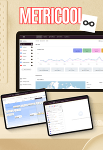 Visuel logiciel Metricool, capture d’écran d’un tableau de bord analytics sur ordinateur avec deux vues sur tablettes en bas (courbes et planning).