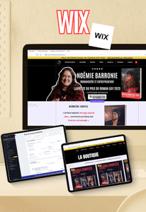 Visuel logiciel Wix, capture d’écran d’un site web sur ordinateur avec deux écrans en bas (éditeur/administration et aperçu de boutique).