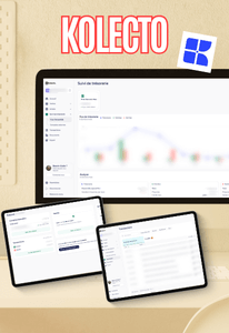 Visuel logiciel Kolecto, capture d’écran d’un tableau de bord de gestion/comptabilité sur ordinateur avec deux vues sur tablettes en bas.