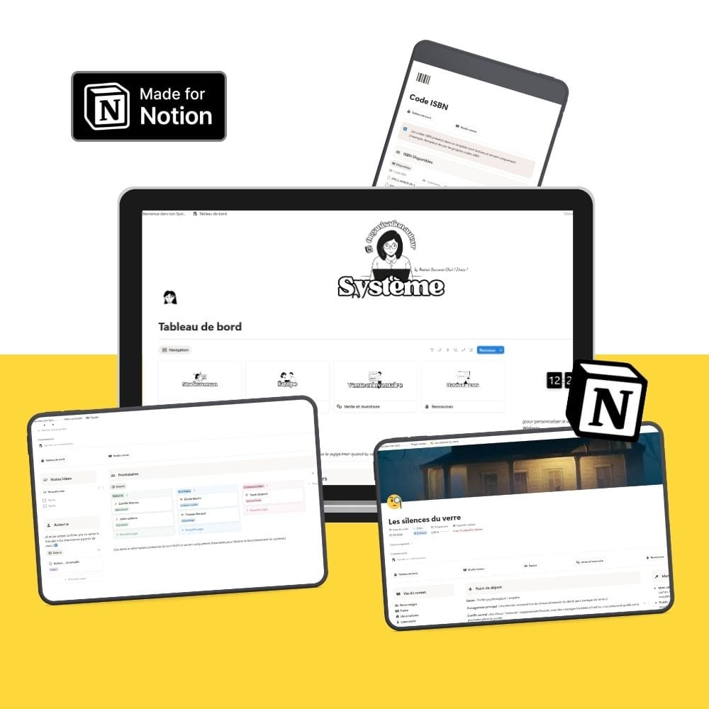 Mockup ordinateur et tablette avec un template Notion, logo notion, logo canva