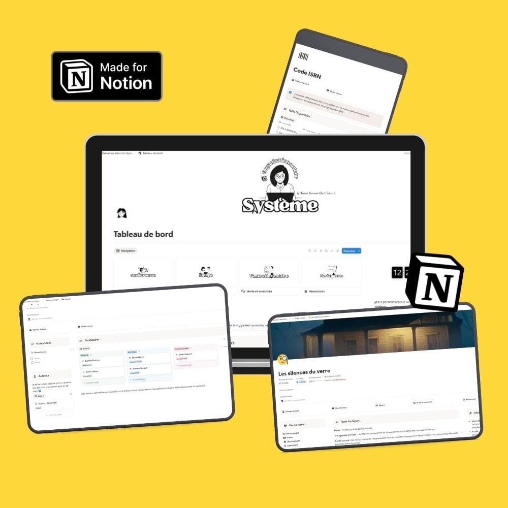 Mockup ordinateur et tablette avec un template Notion, logo notion, logo canva