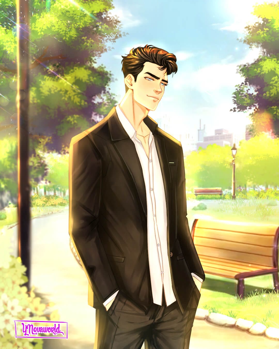 Illustration webtoon avec un homme dans un pack, les mains dans les poches