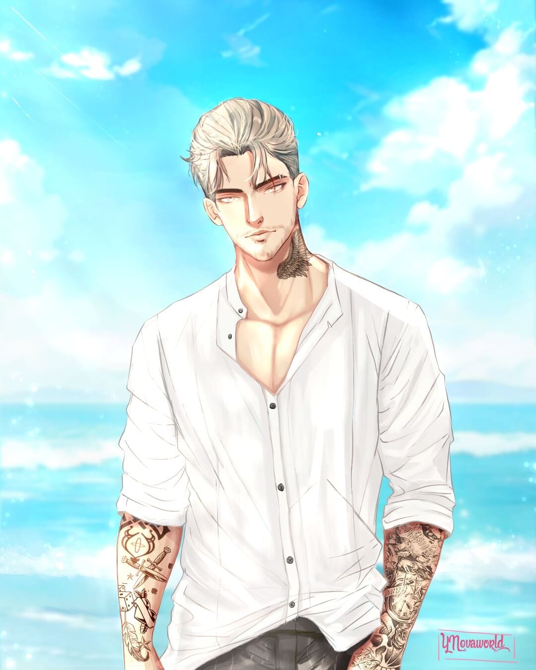 Illustration webtoon, un homme tatoué devant la mer