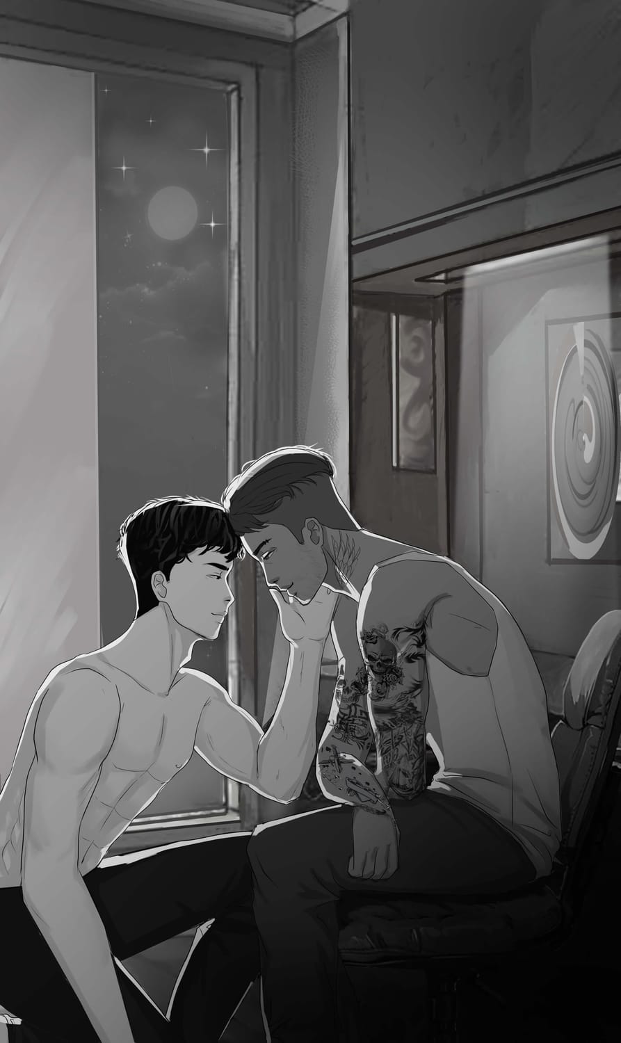 Illustration noir et blanc, couple d'hommes