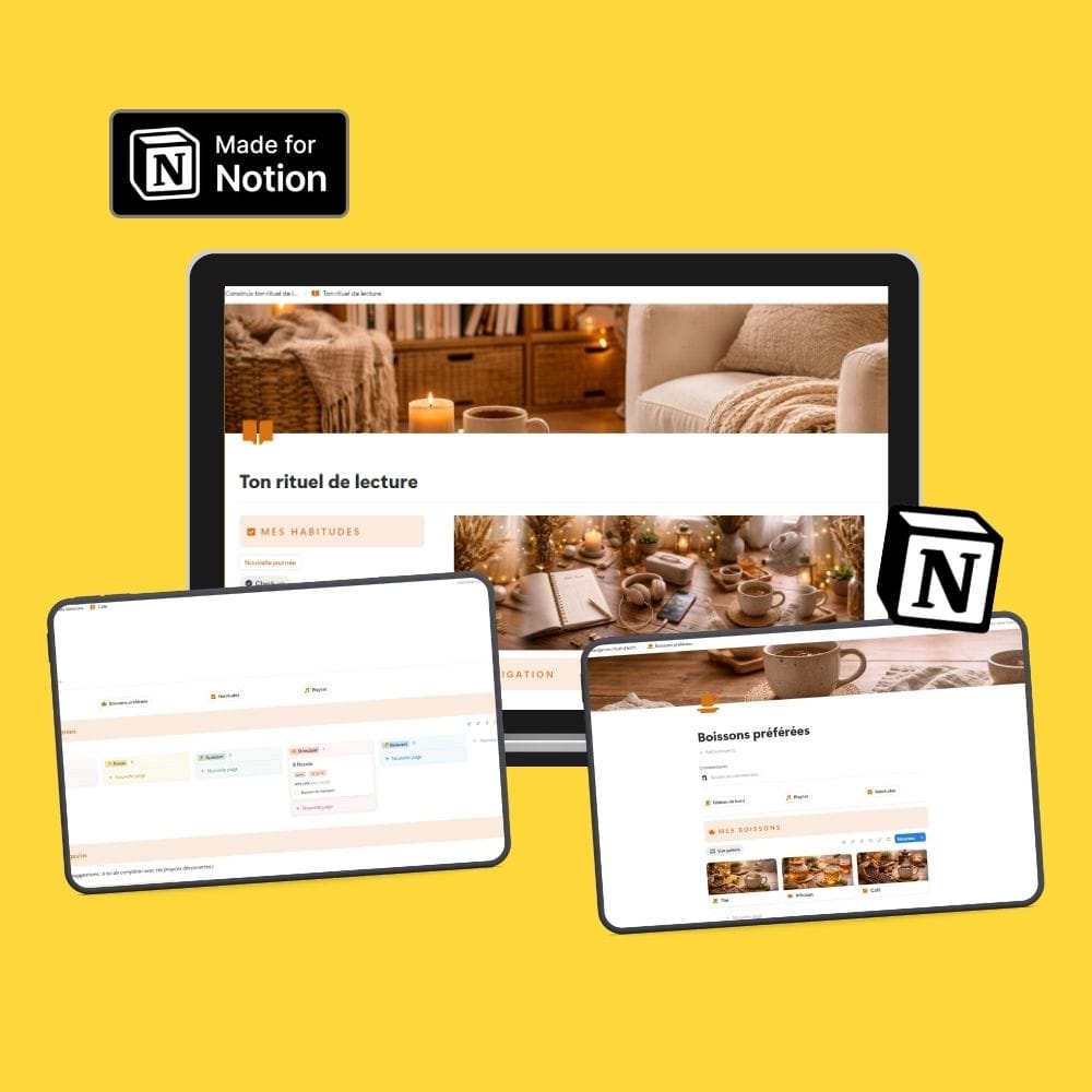 Mockup ordinateur et tablette avec un template Notion, logo notion