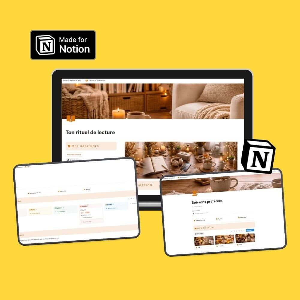 Mockup ordinateur et tablette avec un template Notion, logo notion, logo canva