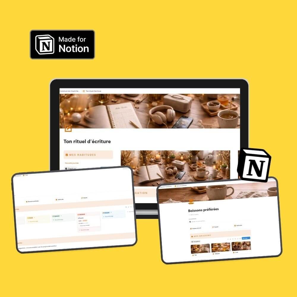 Mockup ordinateur et tablette avec un template Notion, logo notion, logo canva