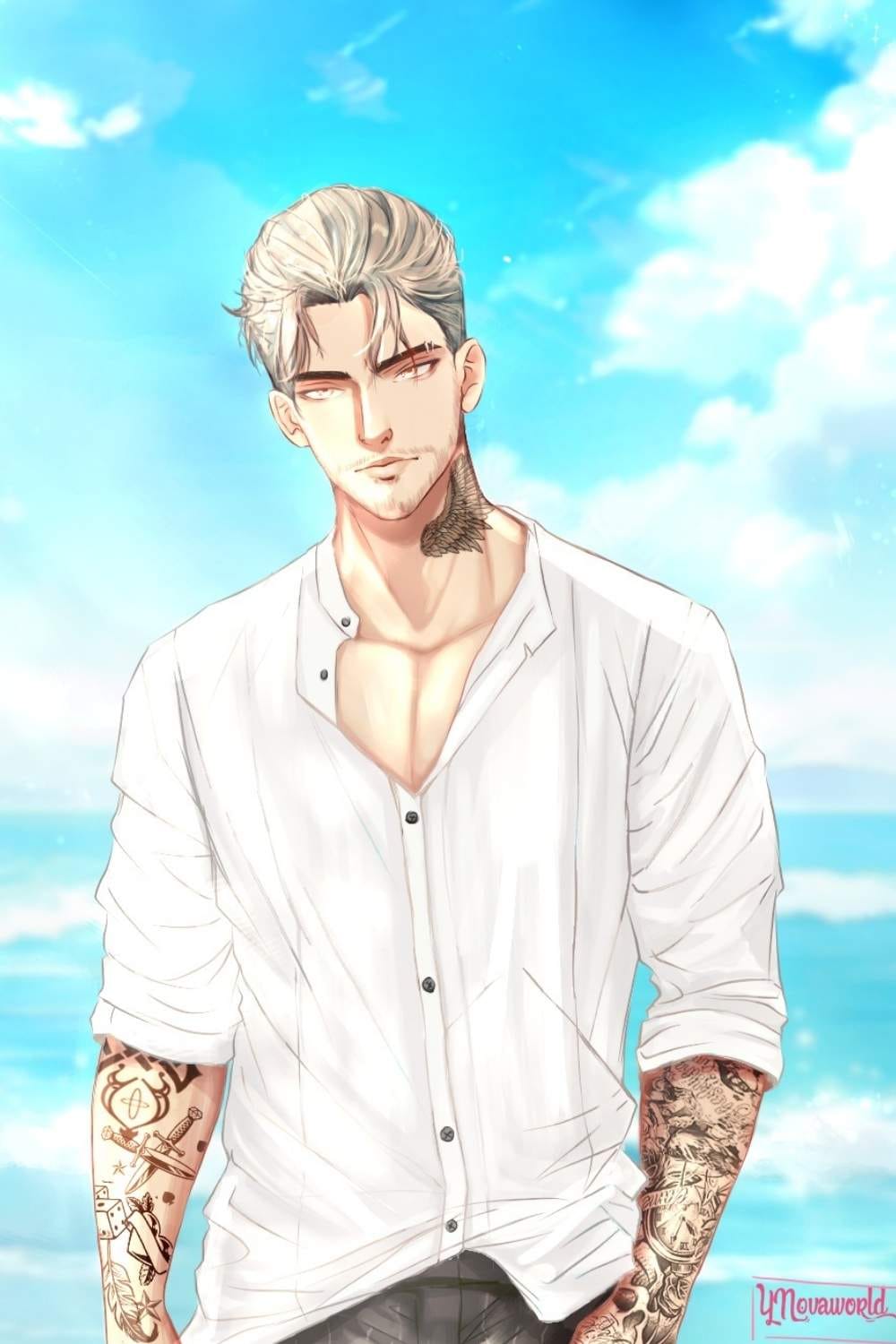 Illustration webtoon, un homme tatoué devant la mer