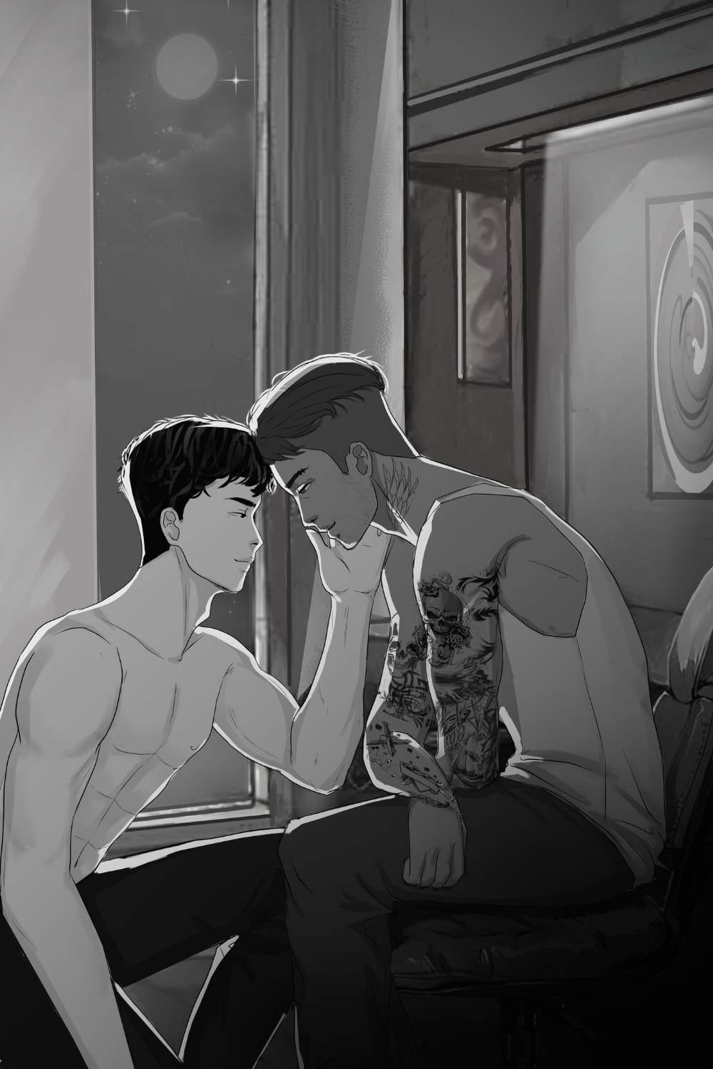 Illustration noir et blanc, couple d'hommes