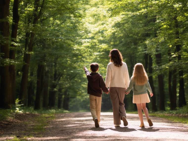 Une maman et ses deux enfants, promenade légère en forêt