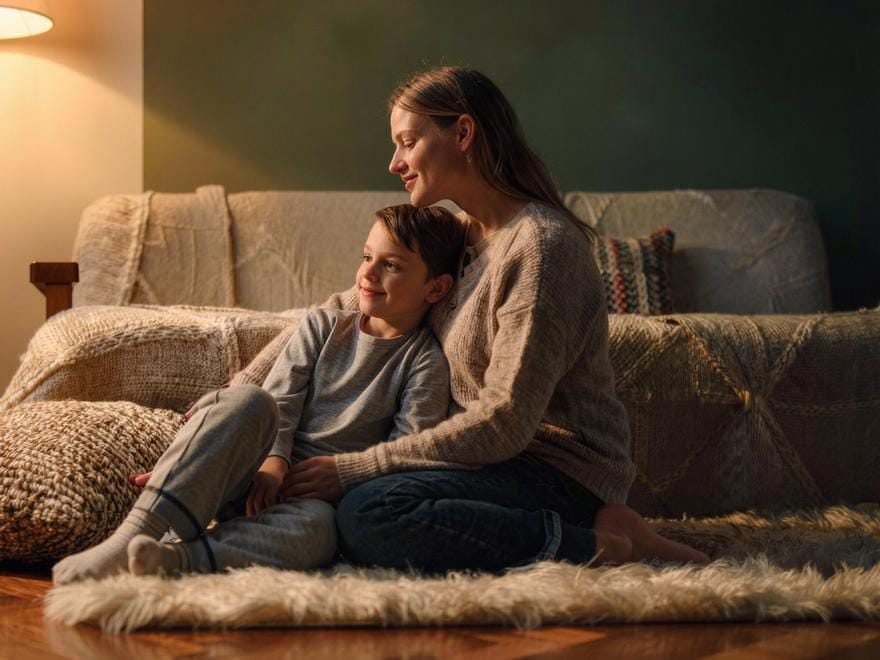 Illustration — une maman et son jeune fils, un instant calme à la maison