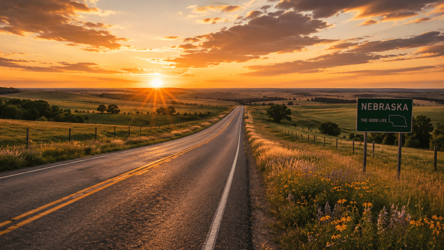 Nebraska sunset road representing a confident path toward retirement
