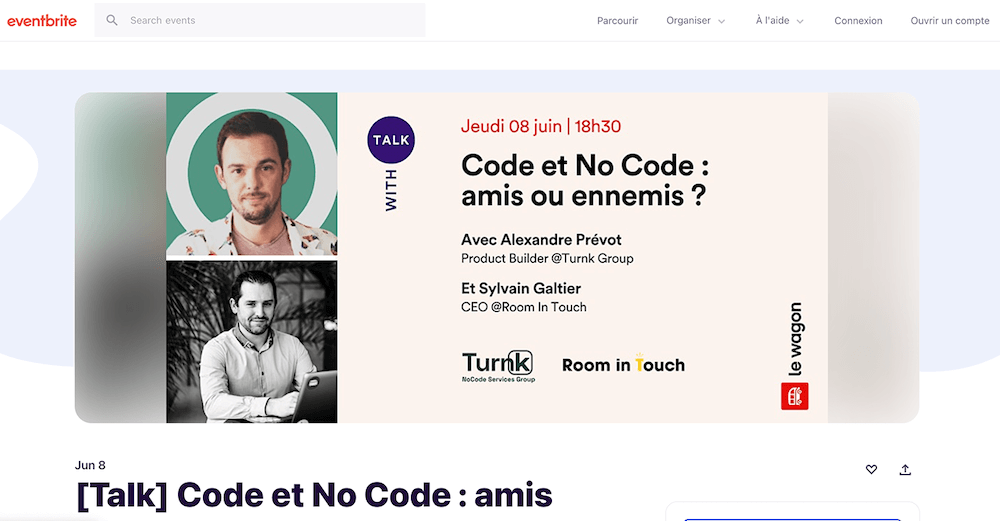 La page d'un événement No-code organisé sur le site internet eventbrite