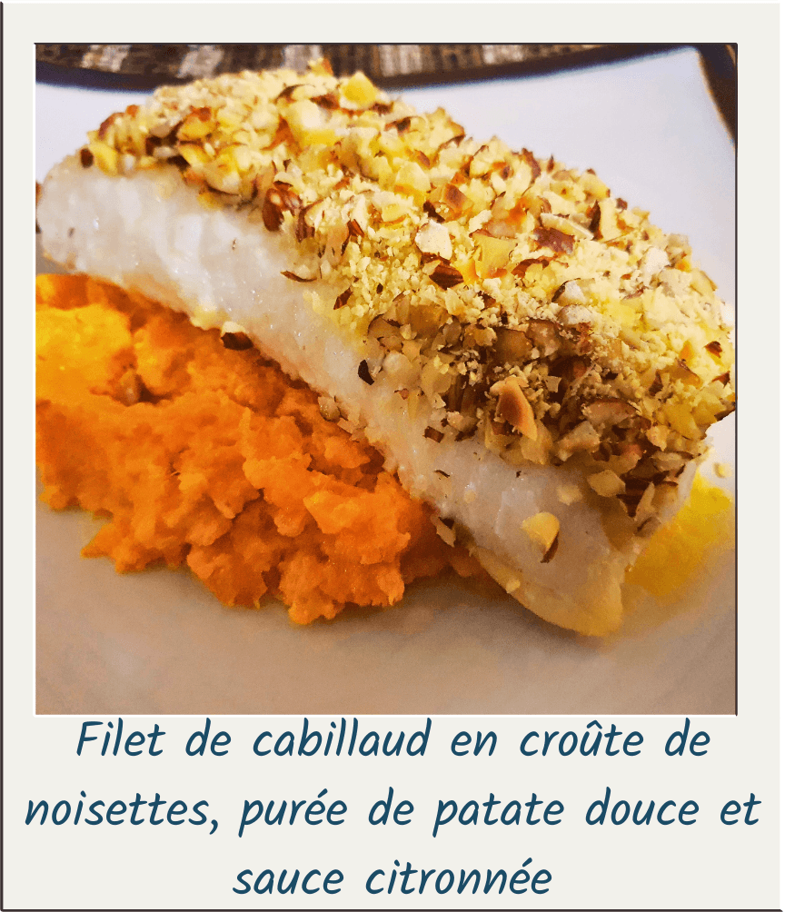 Filet de cabillaud en croûte de noisettes, purée de patate douce et sauce citronnée