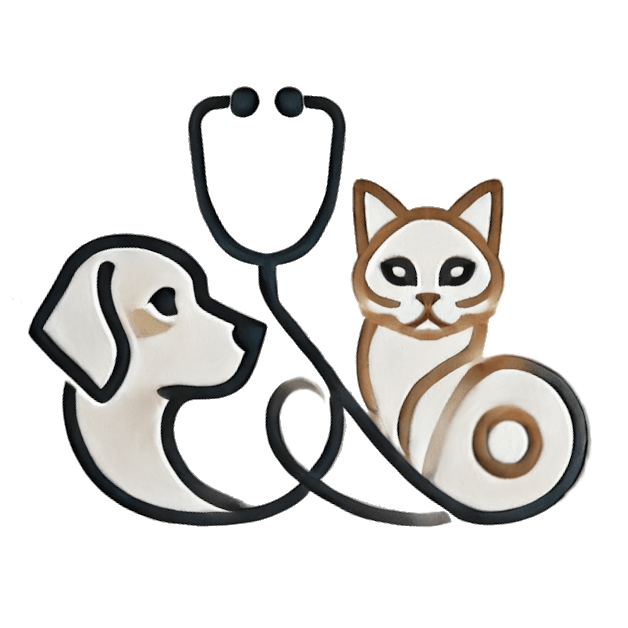 Logo de marca con un perro y un gato enlazados por un fonendoscopio