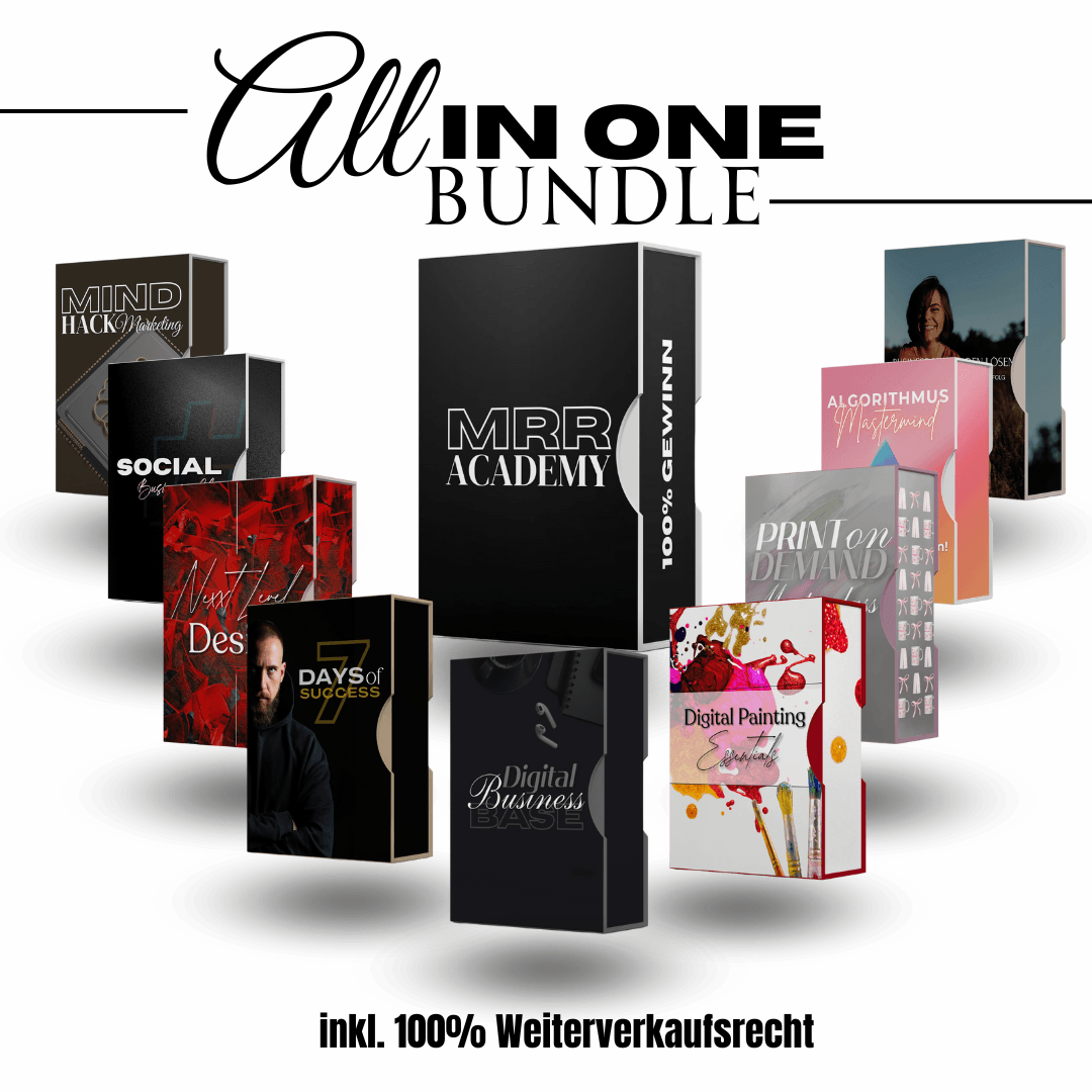 Visualisierung des All-in-One-Bundles der MRR Academy mit mehreren digitalen Kursboxen, darunter "Mindhack Marketng", "7Days of Success","Digital Business Base", "Print on Demand", "Algorithmus Mastermind" und "Digital Painting Essentials"- inklusive 100% Weiterverkaufsrecht. Ideal für den Aufbau eines skalierbaren Online-Business.