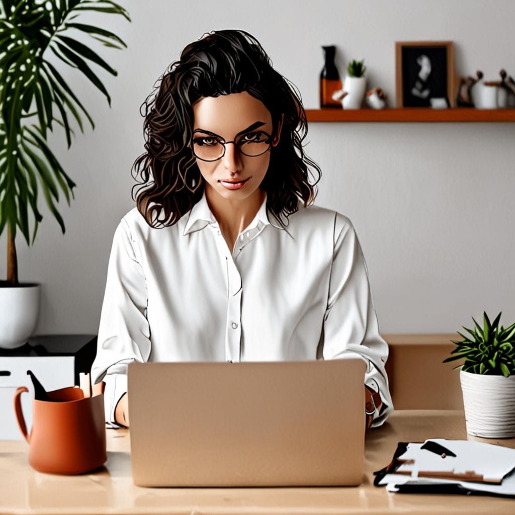 woman creating digital product on laptop, elegant minimal workspace