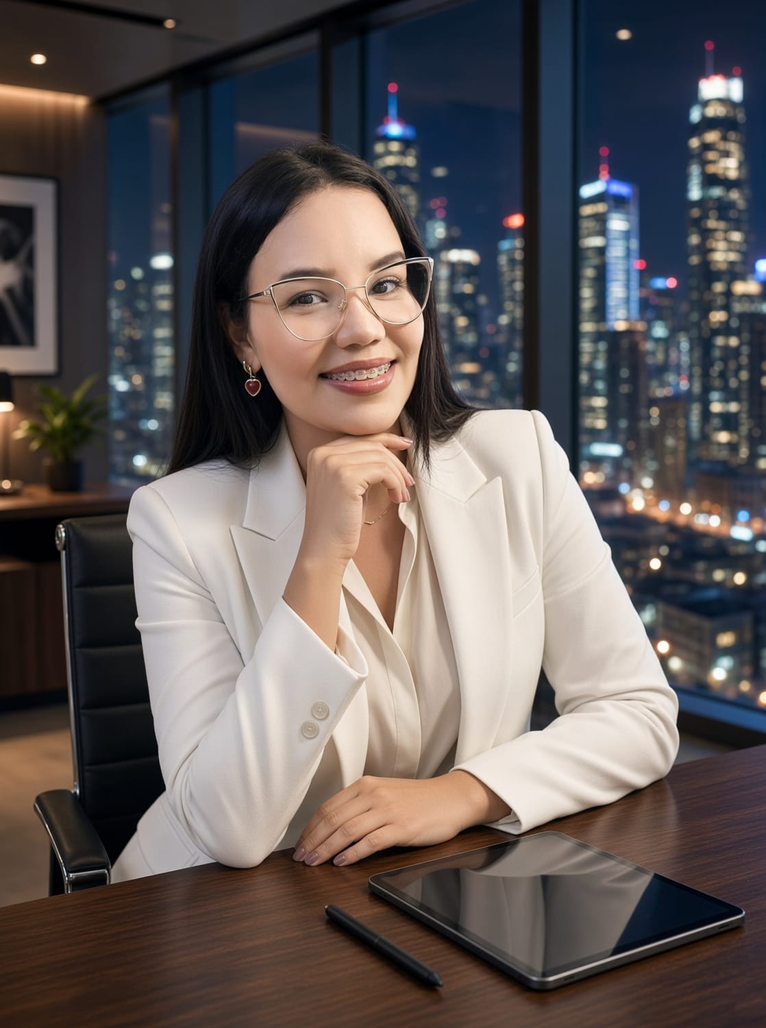 Deborah Julio, con blazer marfil, sentada en su escritorio
