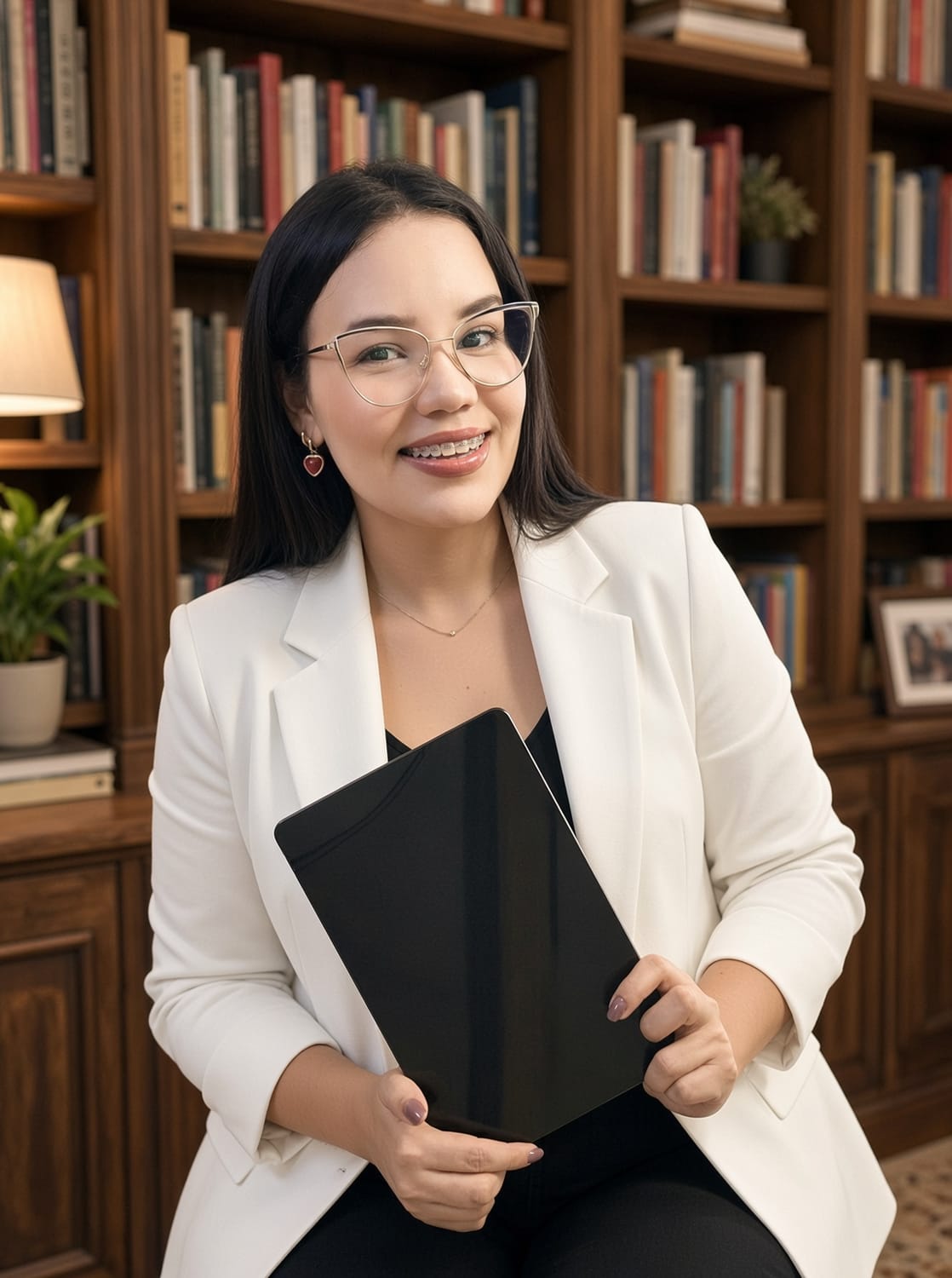 Deborah Julio con una libreta frente a una biblioteca