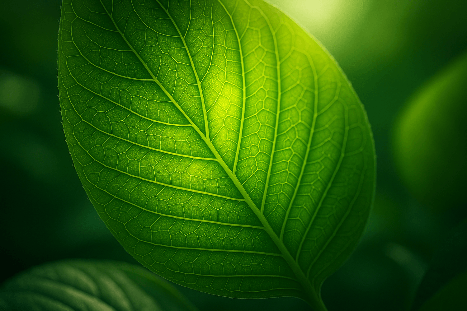 Macro d’une feuille : réseau de veines et cellules lumineuses