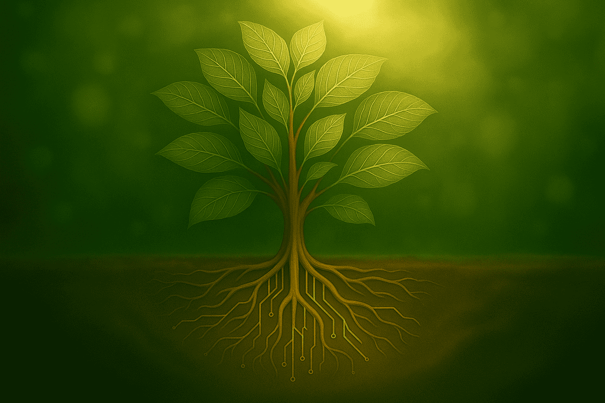 Arbre-algorithme : racines et circuits connectés, lueur dorée sur fond vert tendre