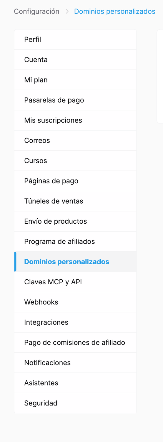 Captura real del apartado Dominios personalizados