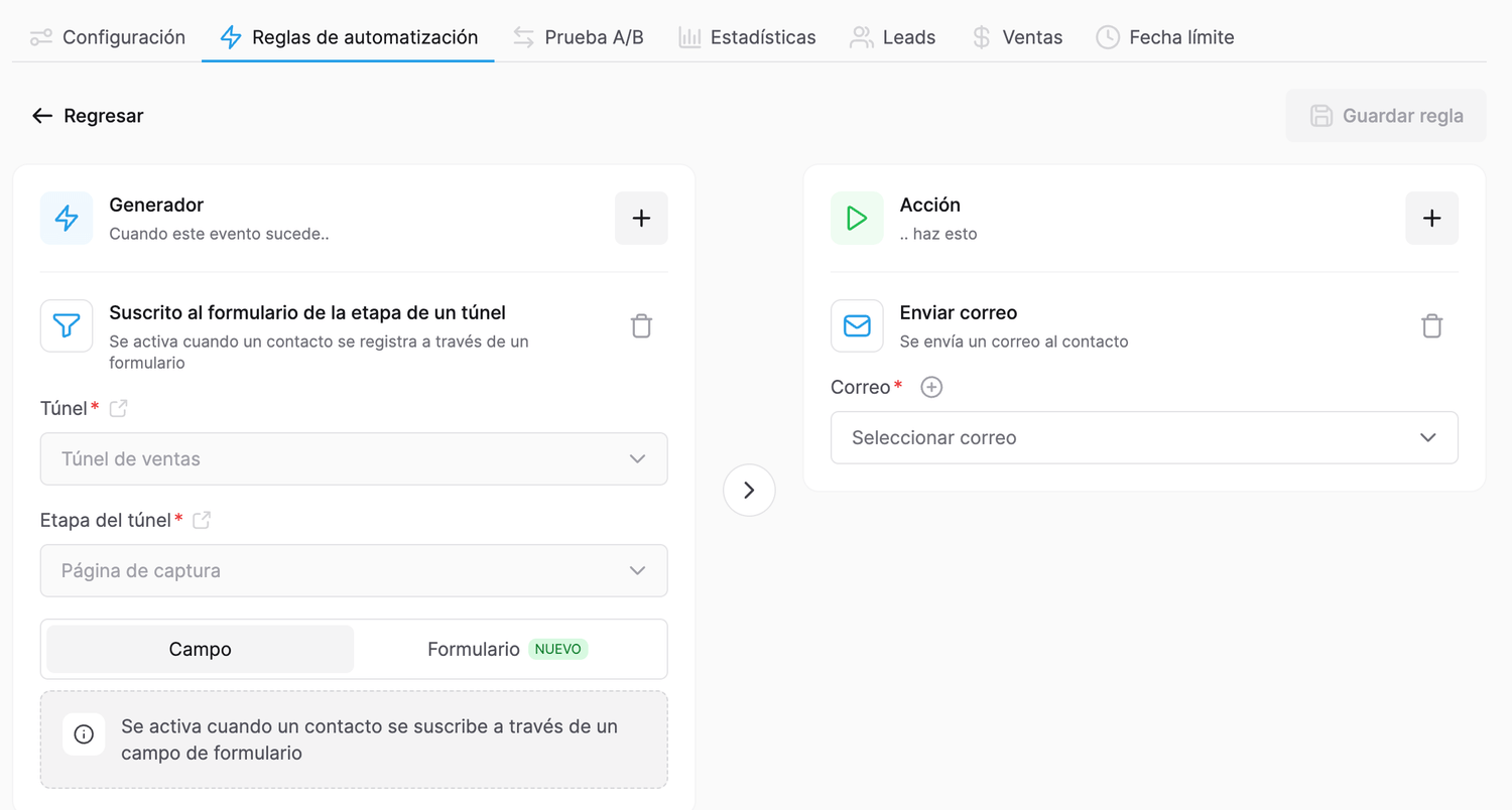 Captura real de una regla de automatización en Systeme.io