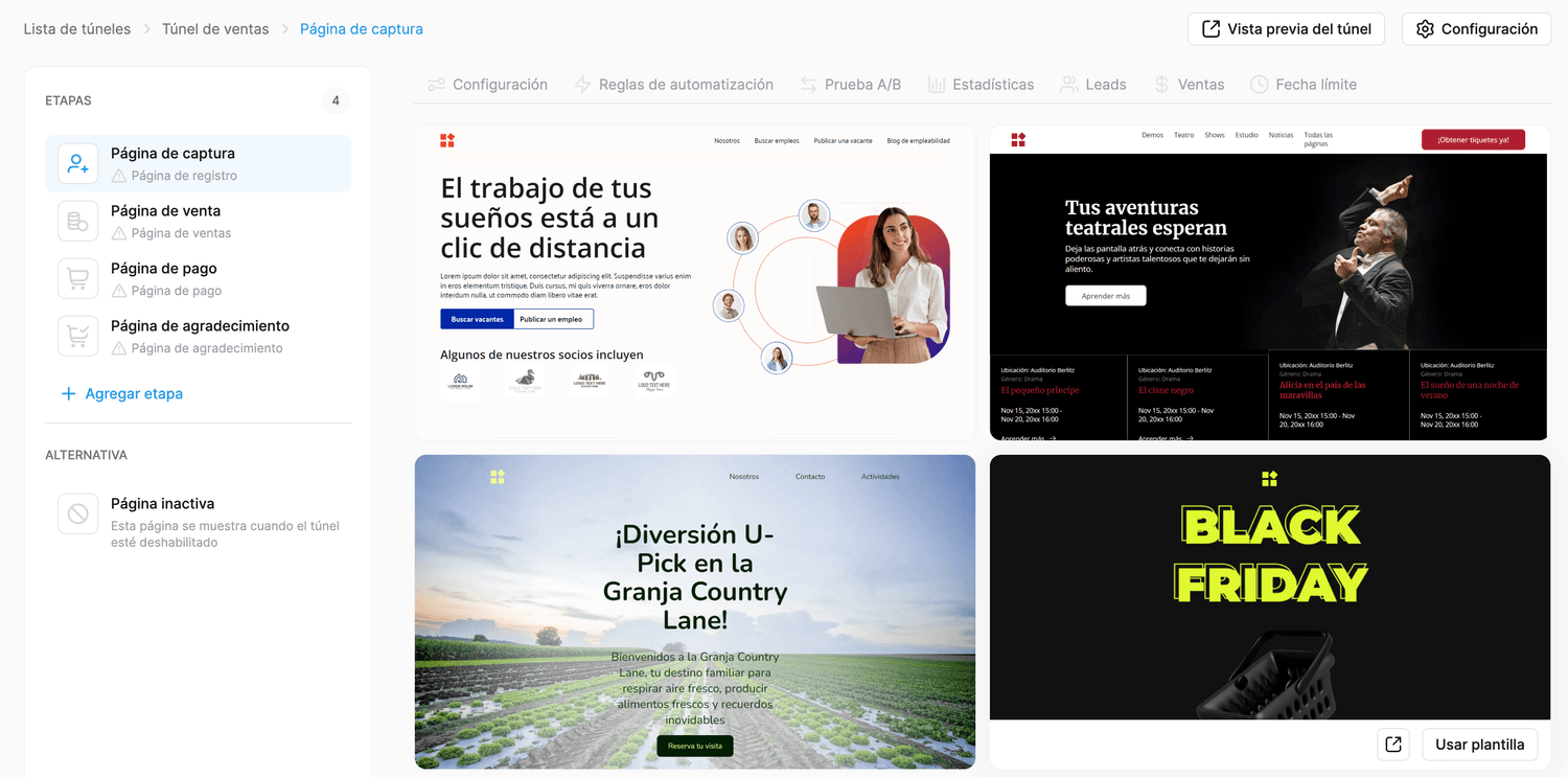 Captura real del apartado Túneles en Systeme.io